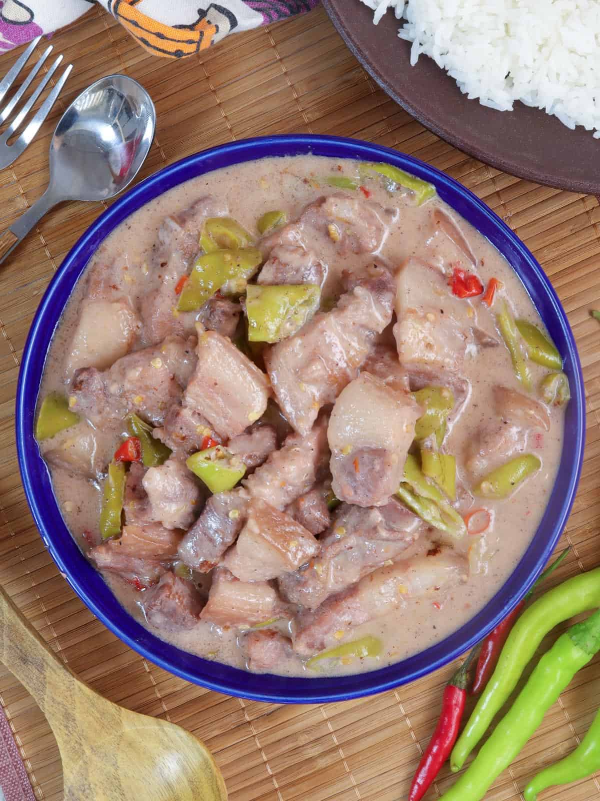 Bicol Express in a blue bowl