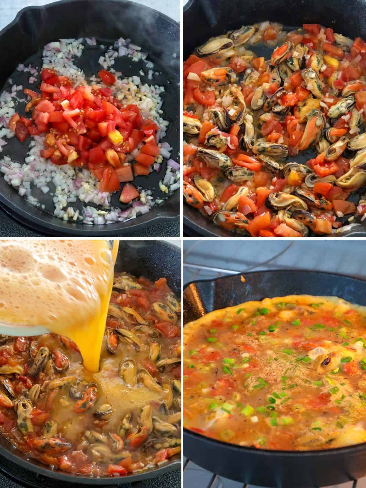 cooking tortang tahong in a cast iron skillet