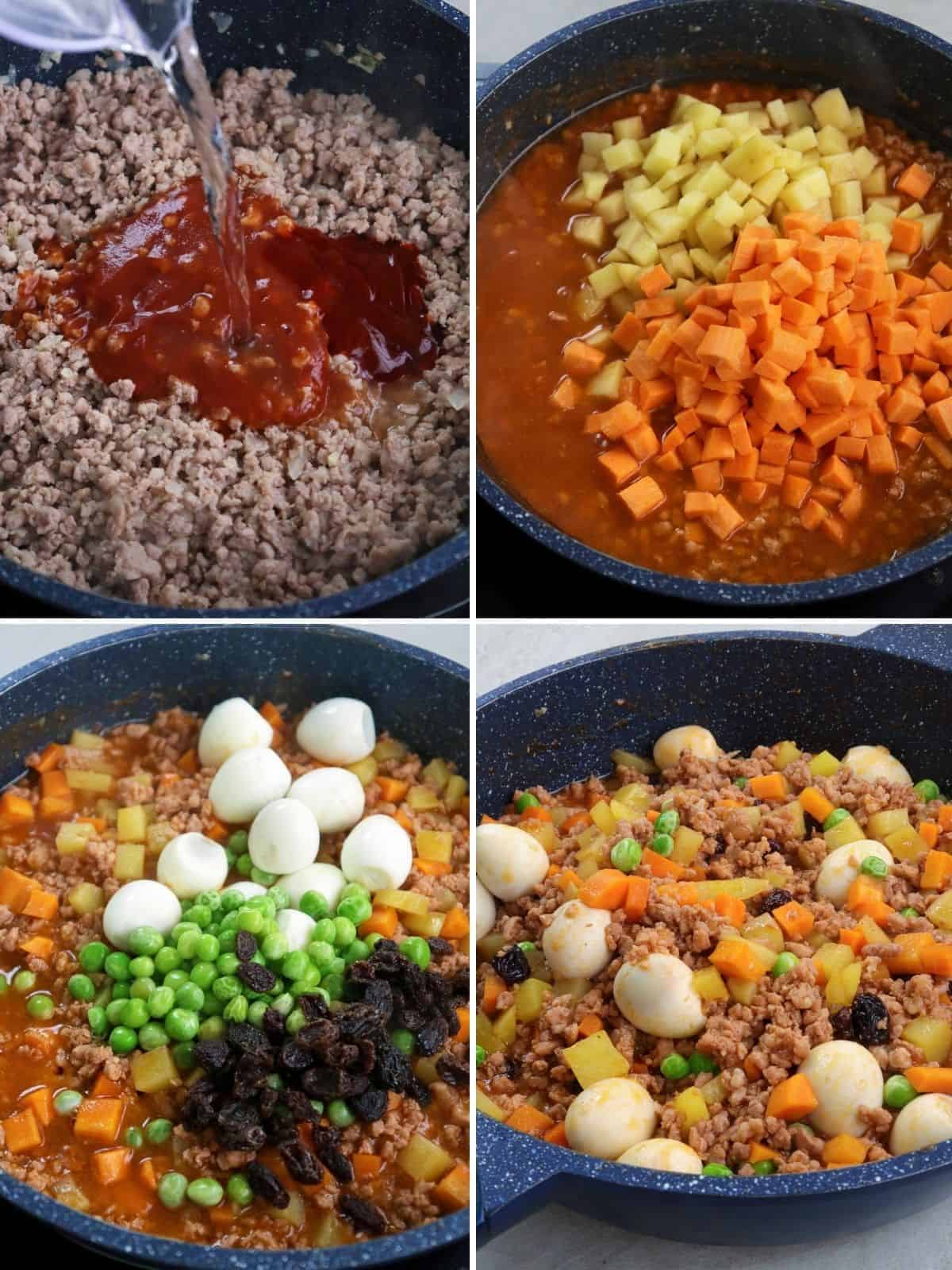 cooking pork giniling with quail eggs in a pan