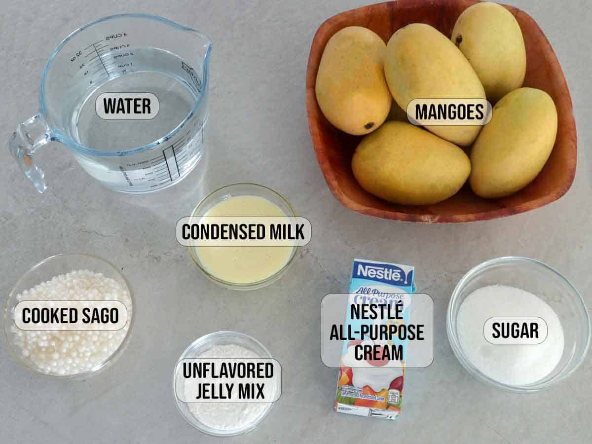 mangoes, jelly powder, Nestle all-purpose cream, water, condensed milk, sugar, cooked mini sago in bowls.