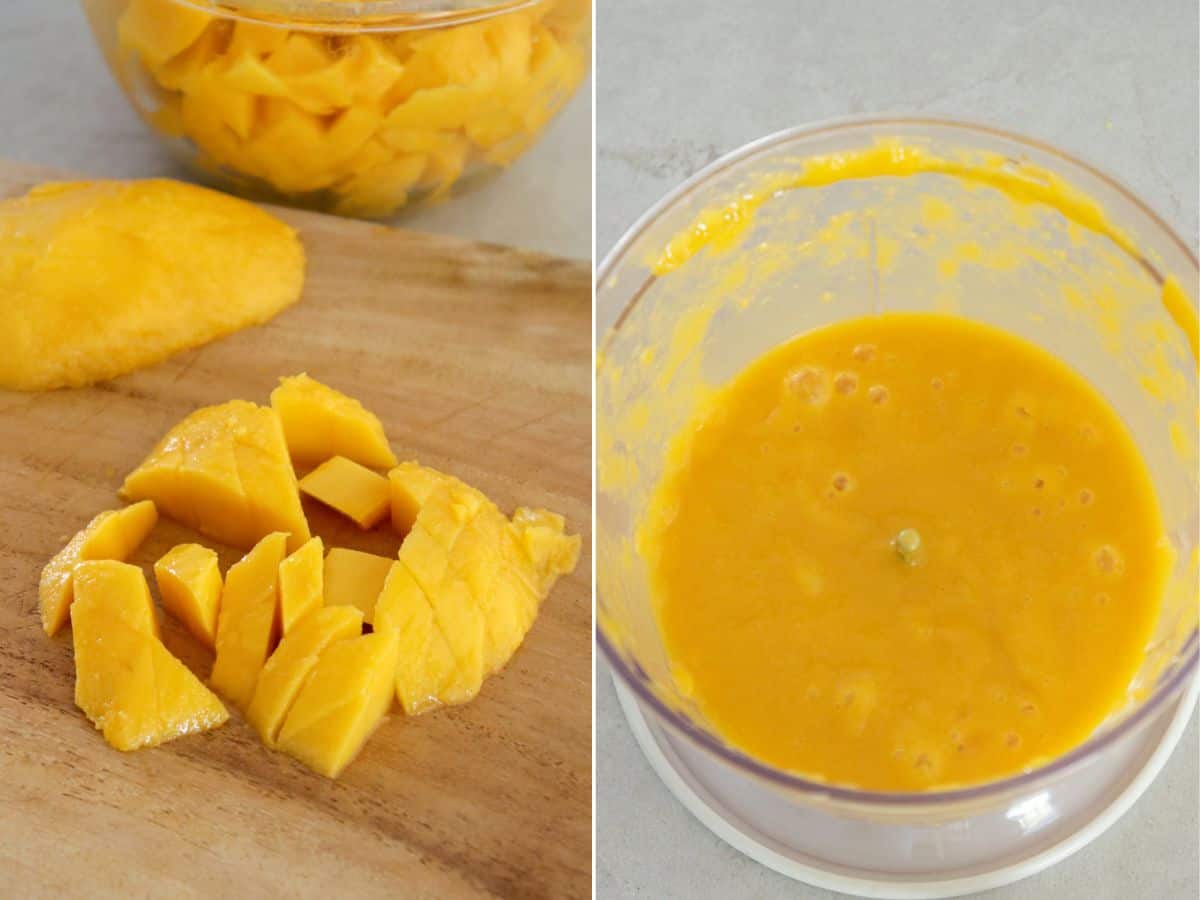 mango cubes on a cutting board and mango puree in a food processor.