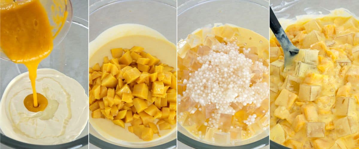 making mango jelly in a large glass bowl.