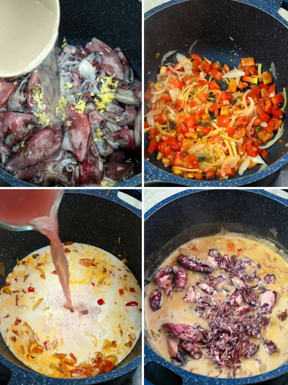 cooking adobong pusit sa gata in a pot