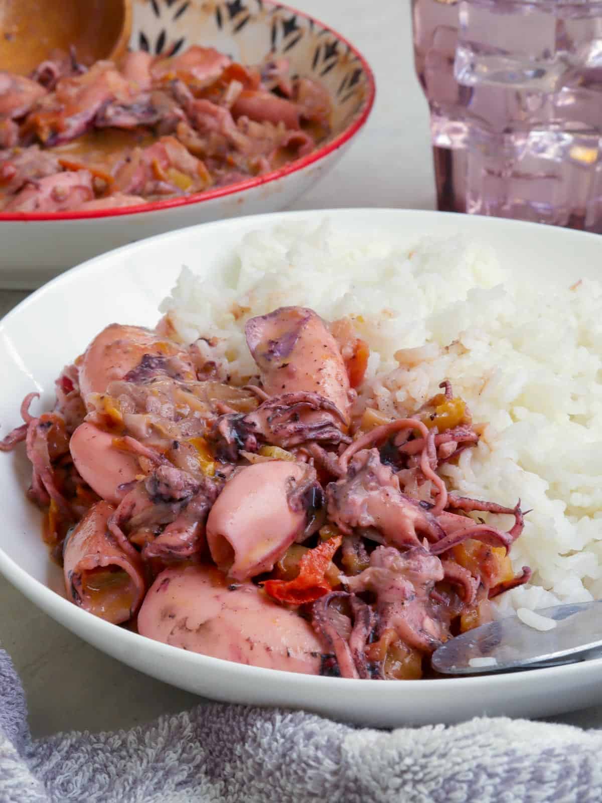 squid with coconut milk on a white plate with steamed rice