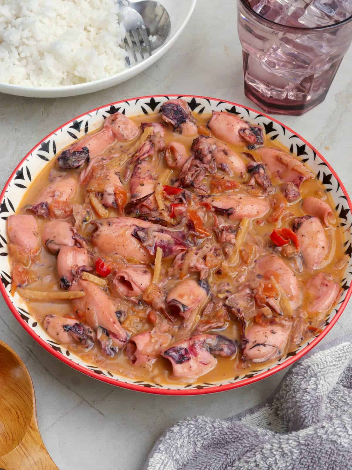 Adobong Pusit sa Gata in a serving bowl