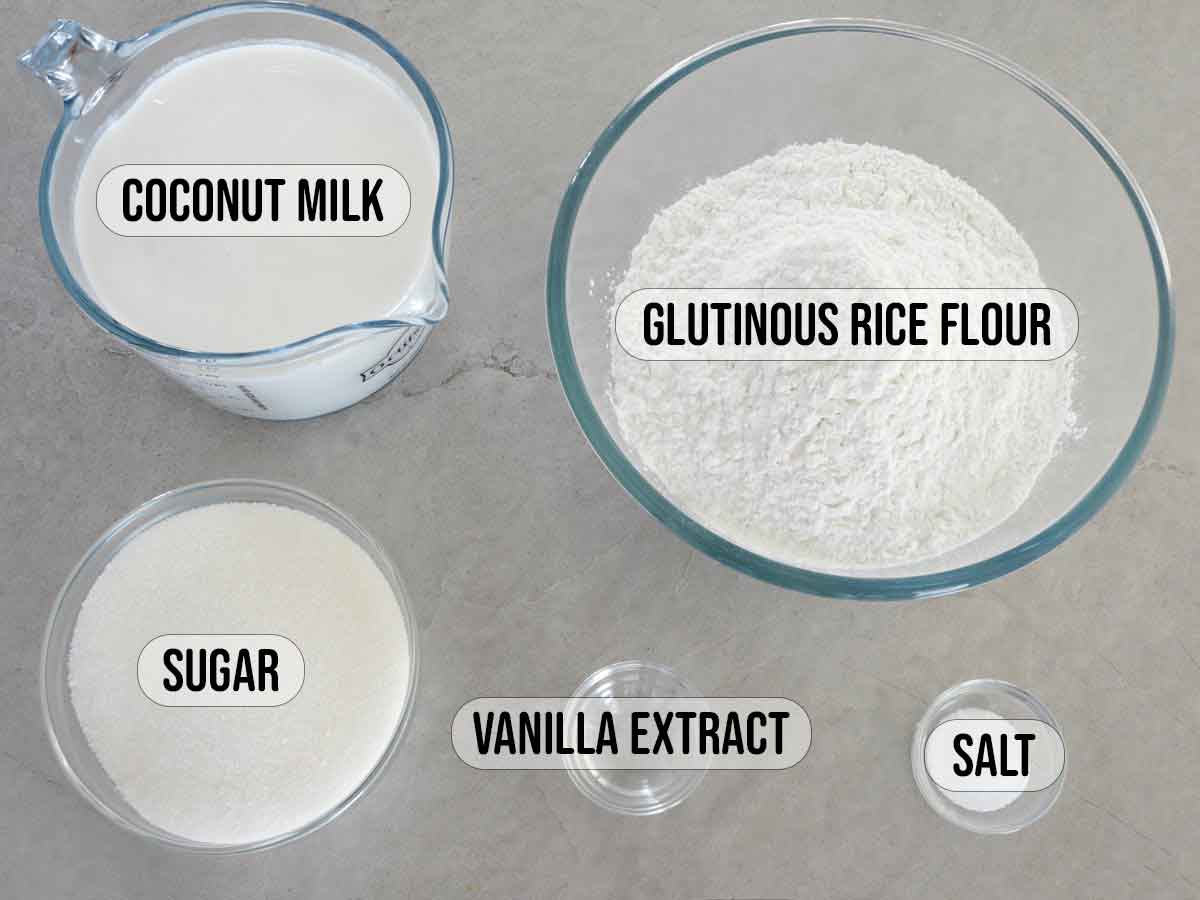 glutinous rice flour, sugar, salt, vanilla extract, coconut milk in bowls.