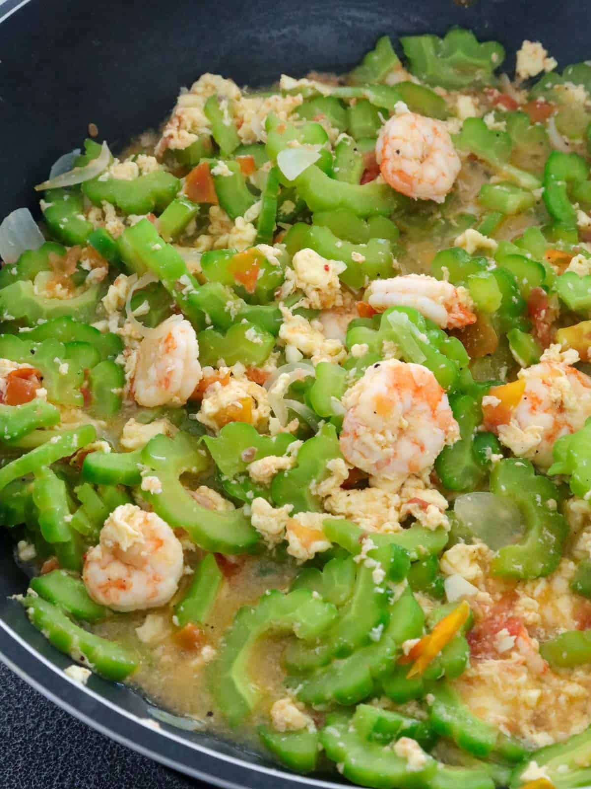 Ginisang Ampalaya at Hipon cooked in a pan