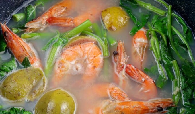 sinigang na hipon sa bayabas in a pot