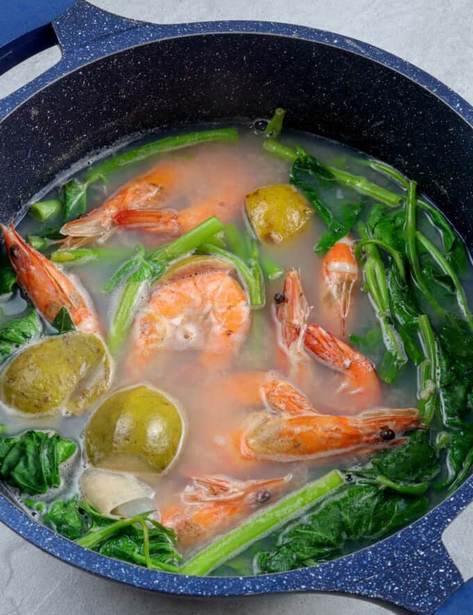 sinigang na hipon sa bayabas in a pot