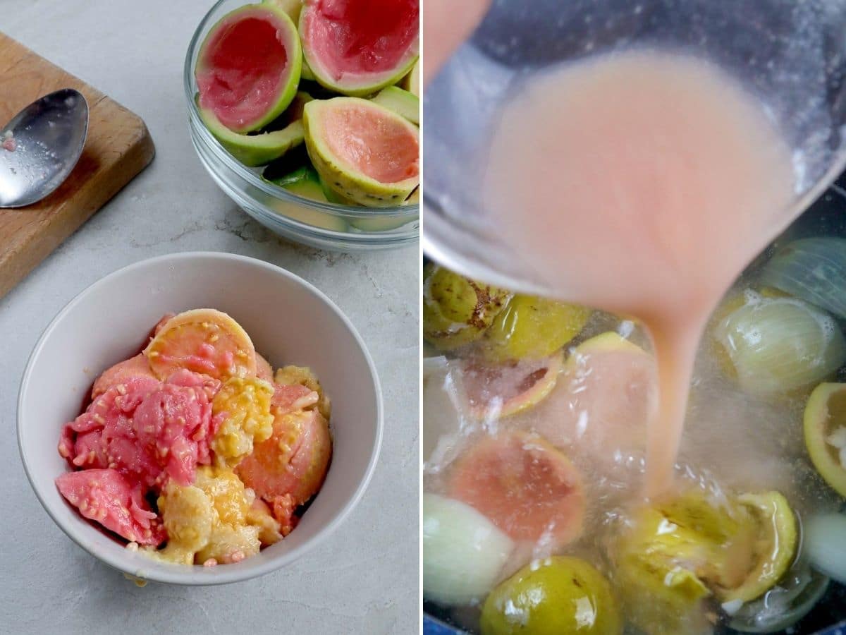 straining the guava pulp to get the juice