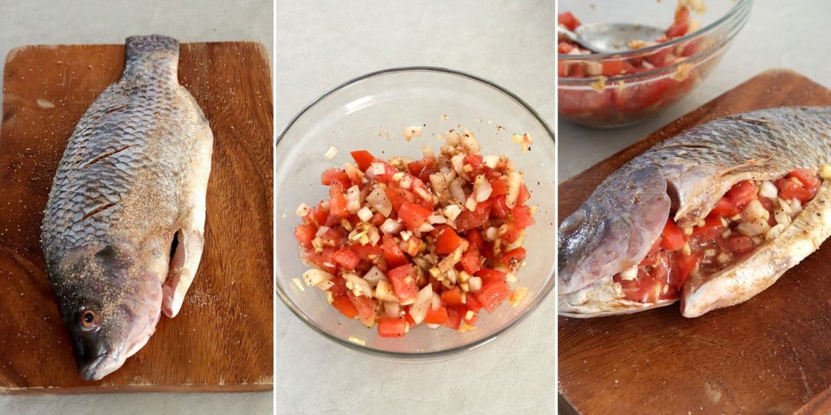 preparing pinaputok na tilapia stuffing it with tomatoes and onions.