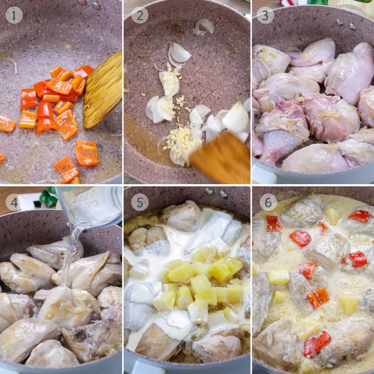 cooking chicken with pineapples, bell peppers, and cream in a pan.