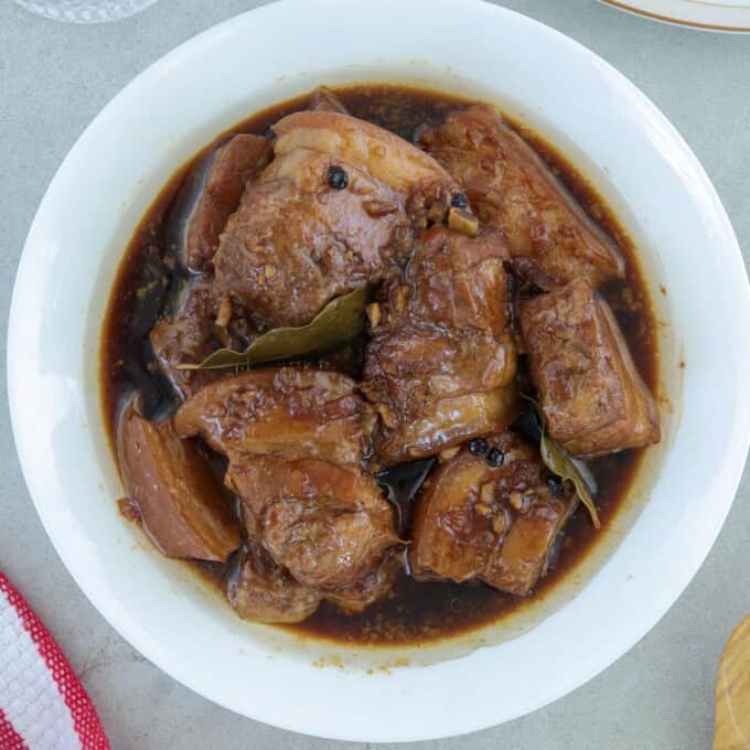 Adobong Baboy with Oyster Sauce in a white serving bowl.