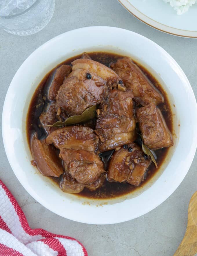 Adobong Baboy with Oyster Sauce in a white serving bowl.