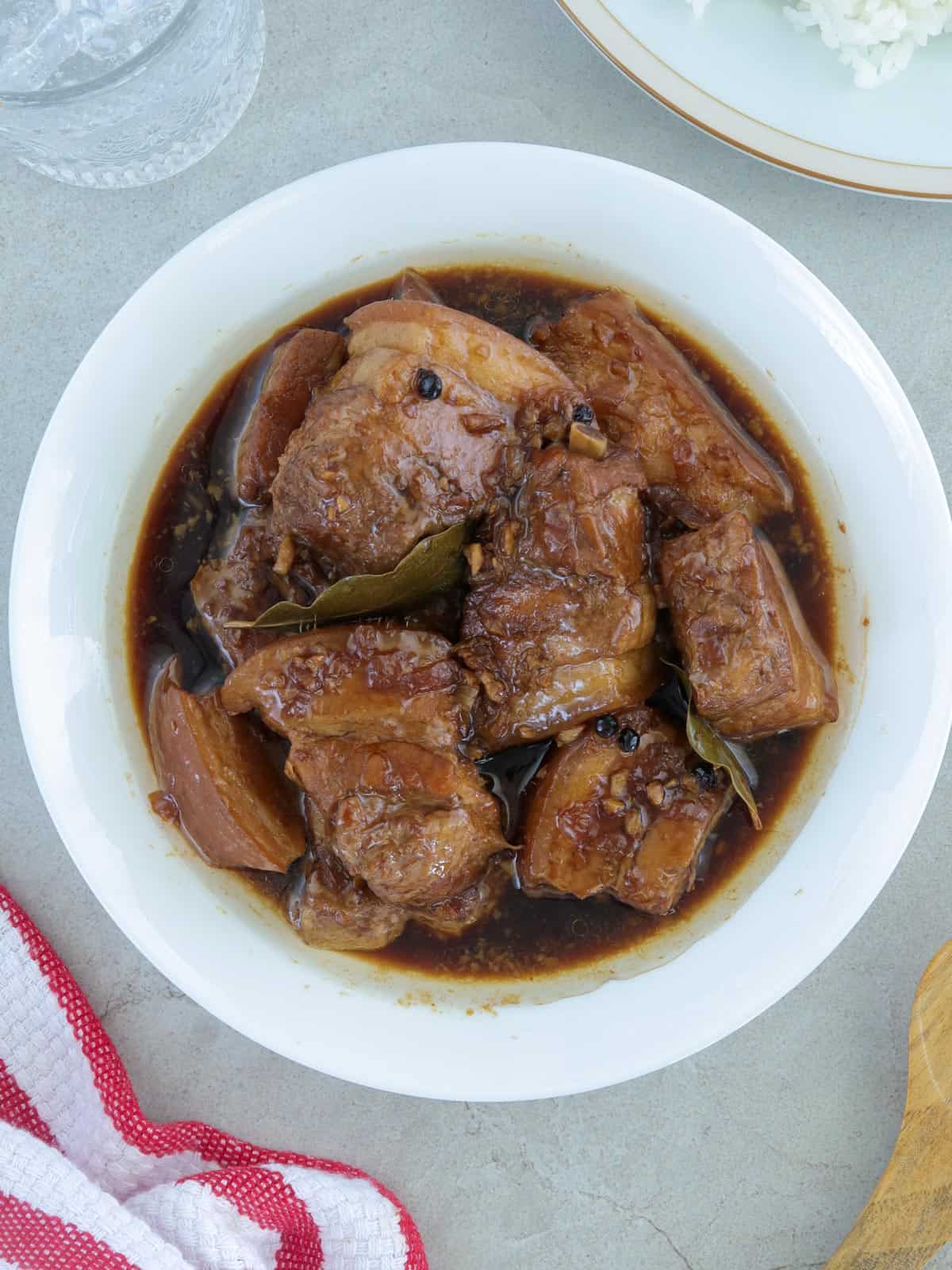 Adobong Baboy with Oyster Sauce in a white serving bowl.