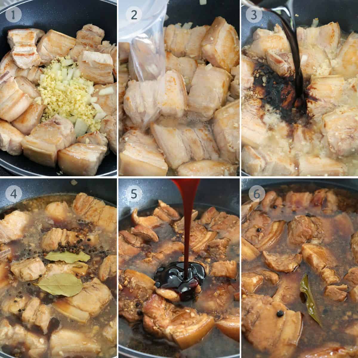 cooking pork adobo with oyster sauce in a pan.