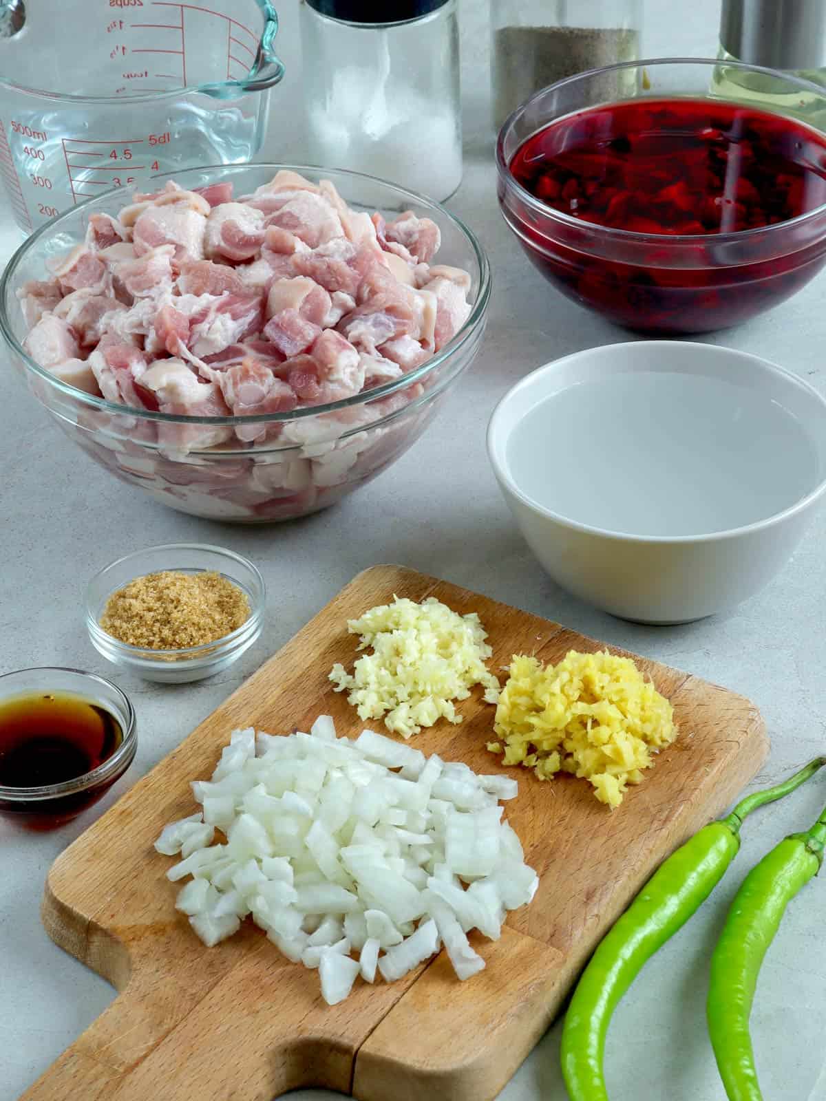 diced pork pork blood, chopped onions, ginger, garlic, fish sauce, water, tamarind powder, chili peppers