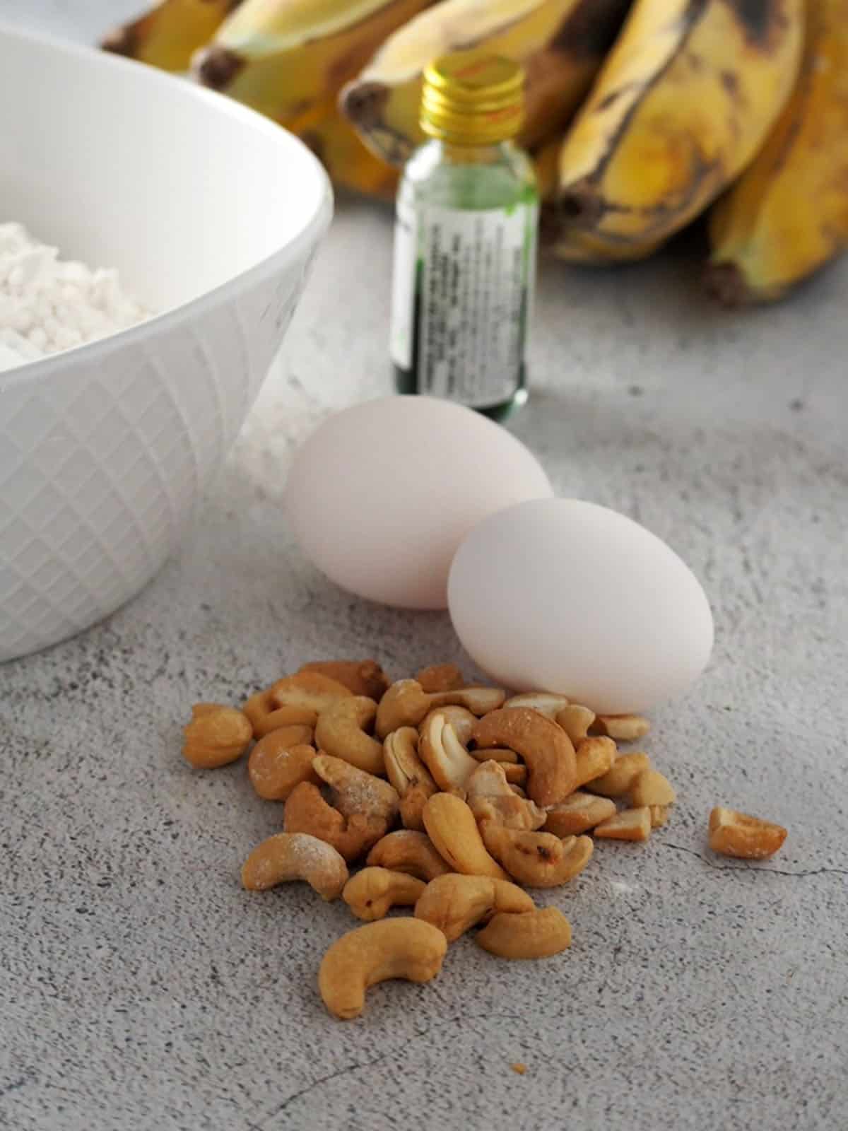 eggs, flour, pandan extract, saba bananas