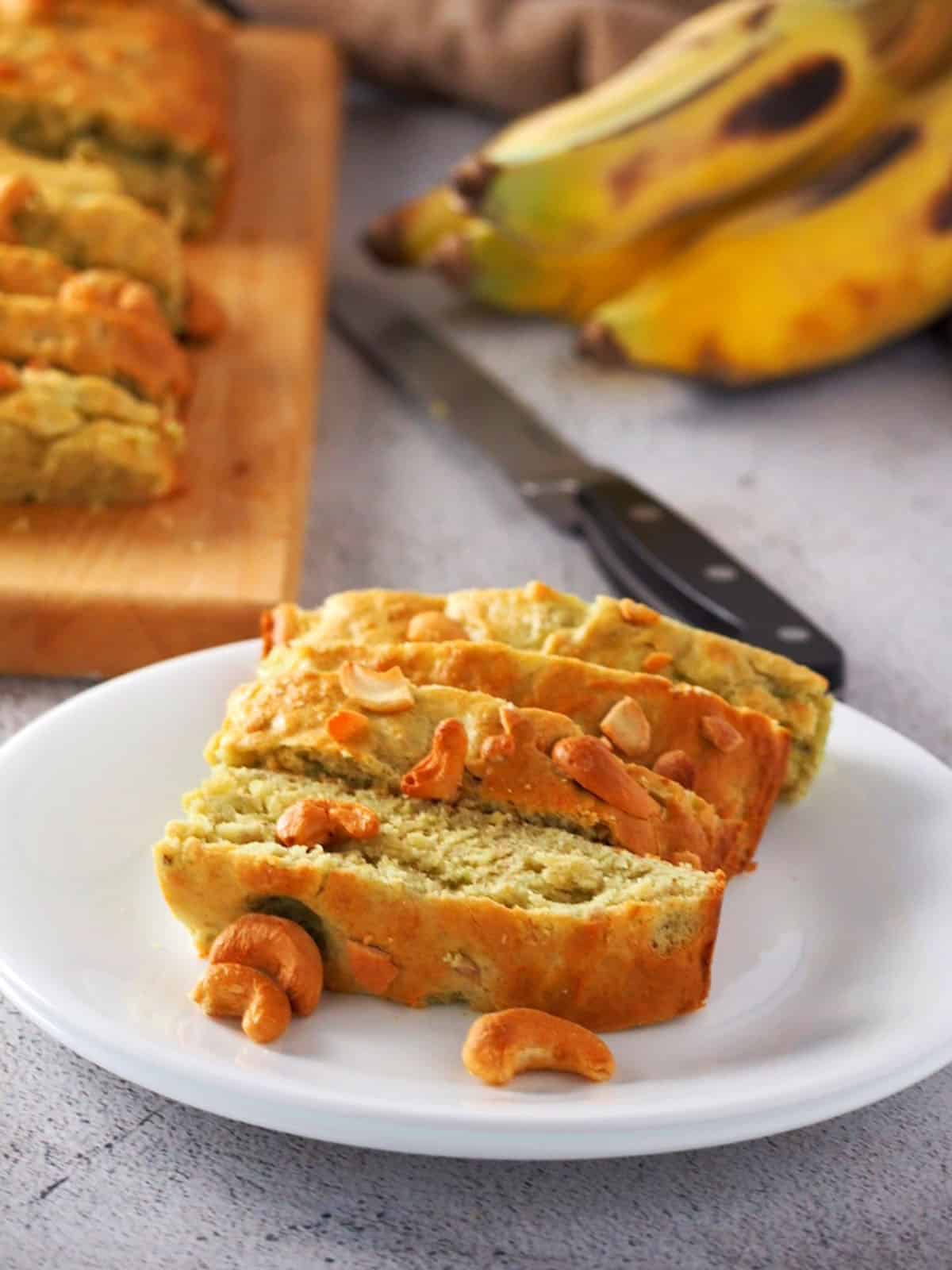 sliced banana bread on a white plate