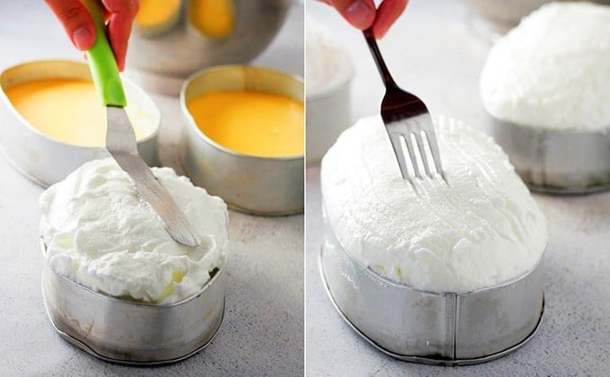 placing meringue layer to make floating island dessert