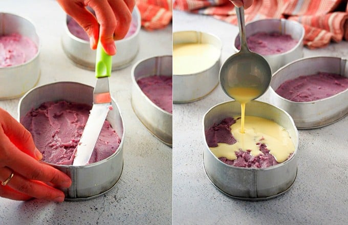 pouring leche flan mixture on ube layer layer to make floating island dessert