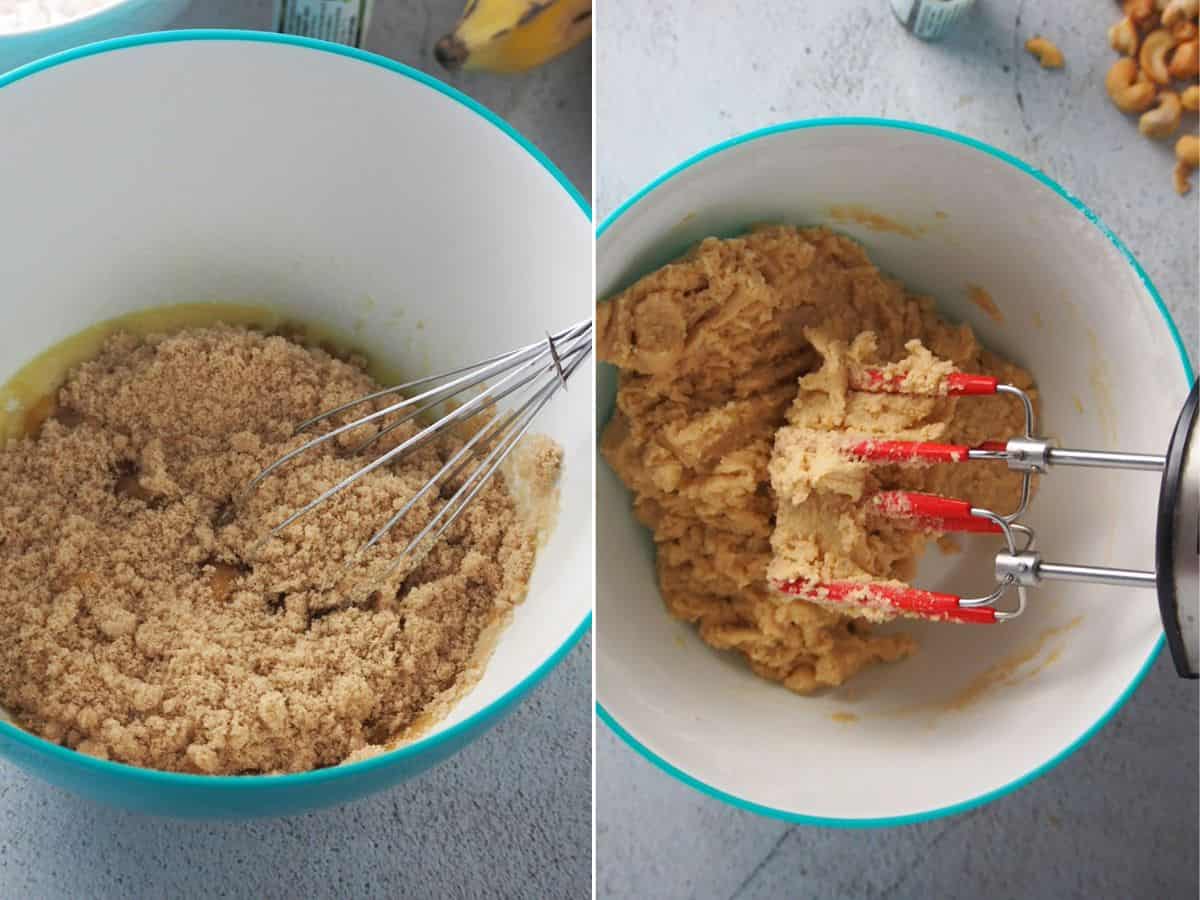 making pandan banana bread batter in a bowl