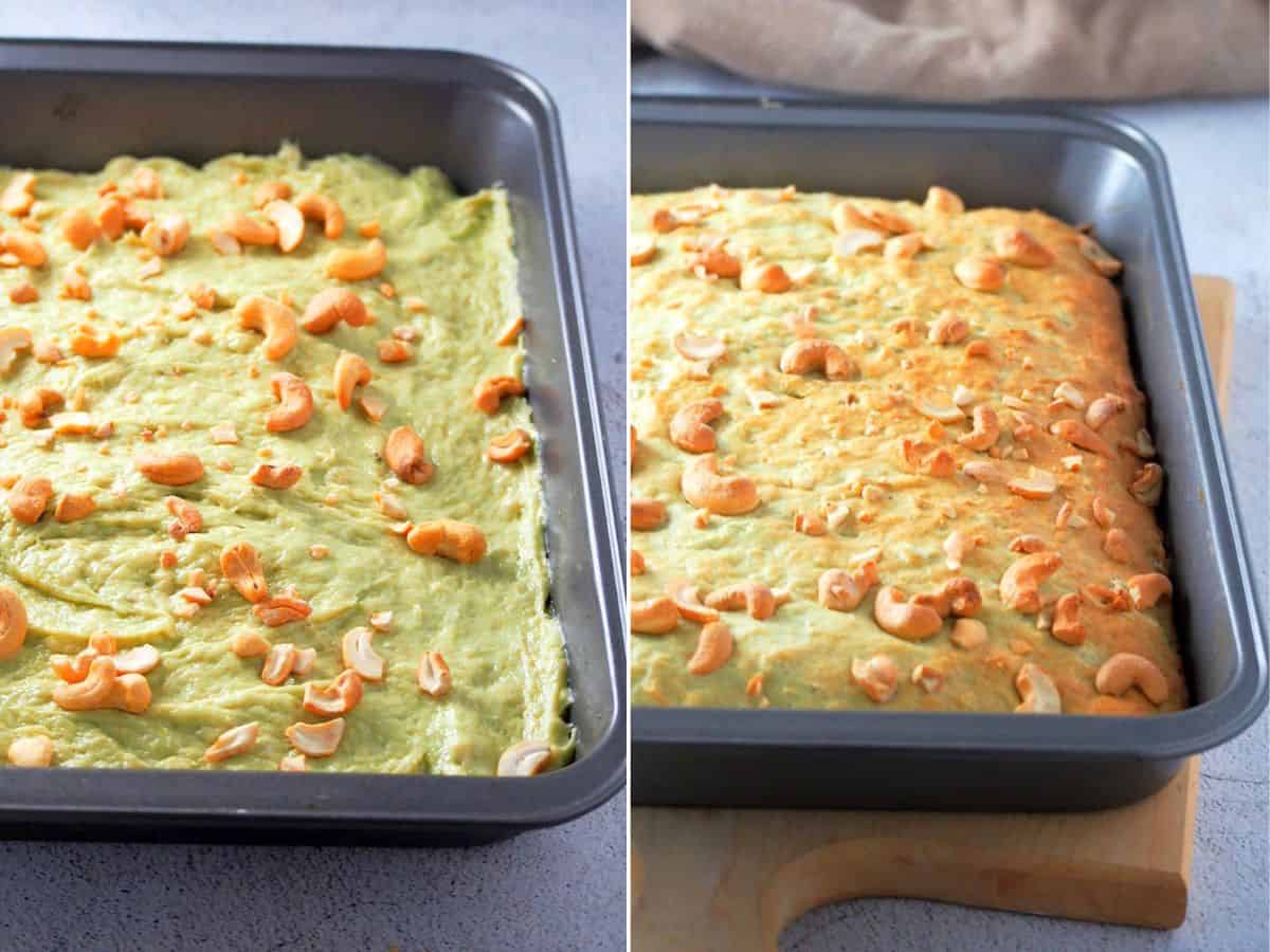 banana pandan bread baked in an aluminum pan