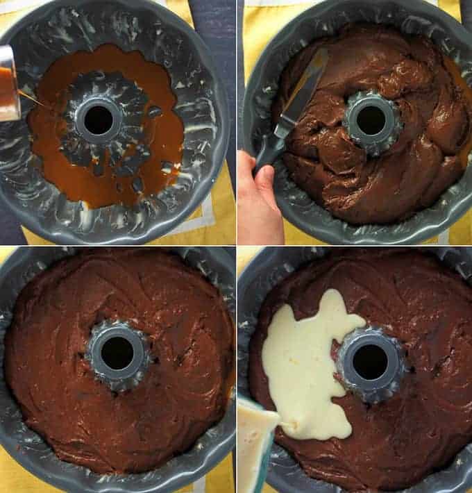 making chocoflan cake in a bundt pan