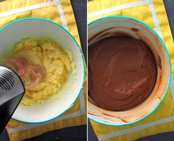 making chocolate cake batter in a bowl