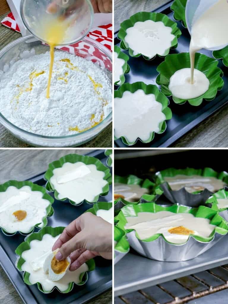 making bibingkang galapong topped with salted egg