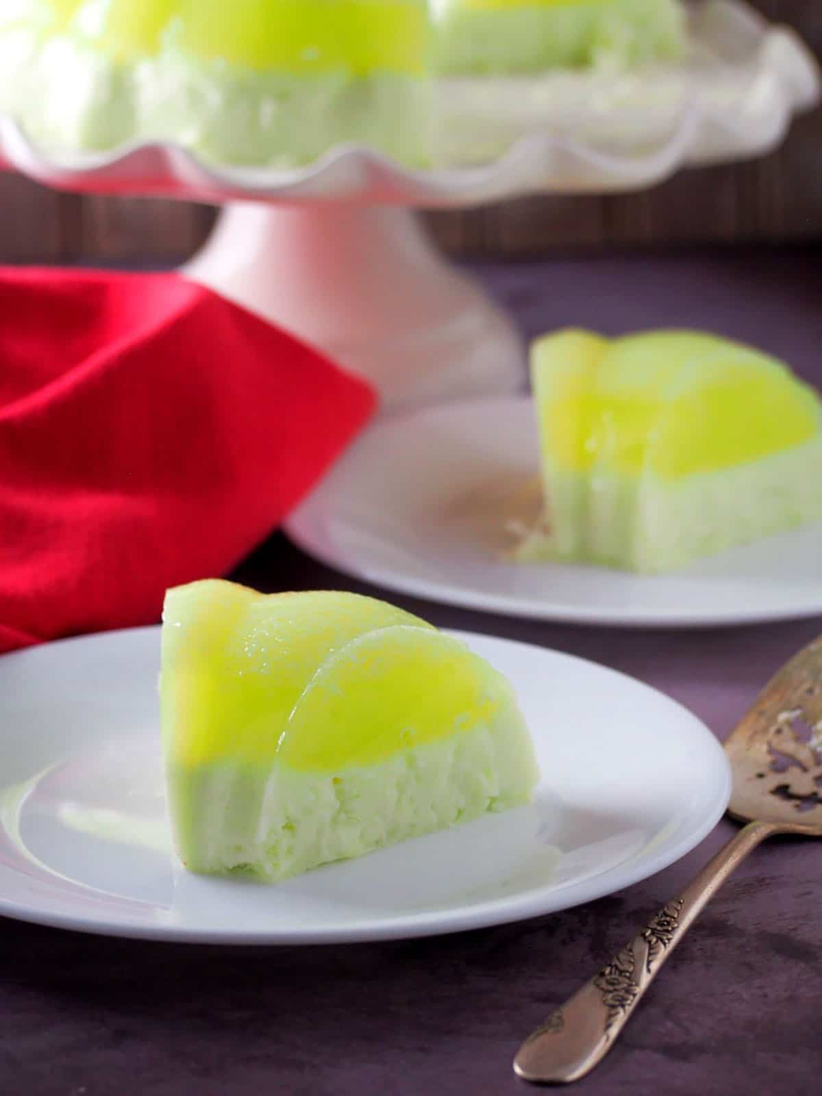 slice of buko pandan gelatin on serving plates