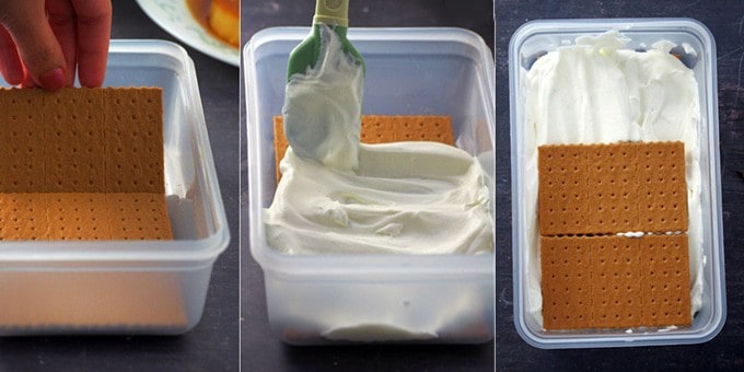 layering plastic containers with graham crackers and whipped cream