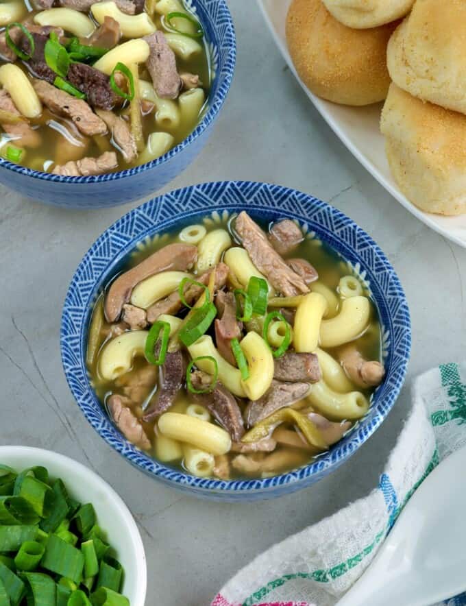 Kapampangan batchoy in serving bowls