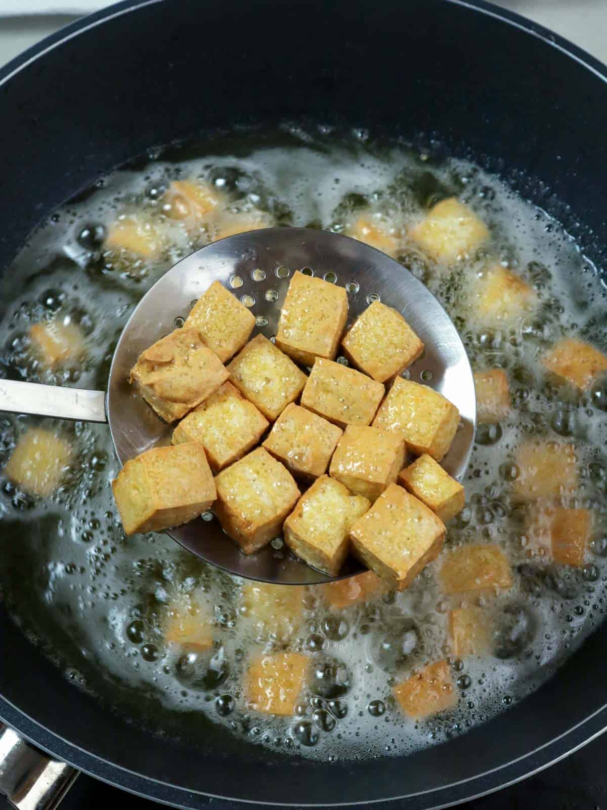 deep frying tofu cubes