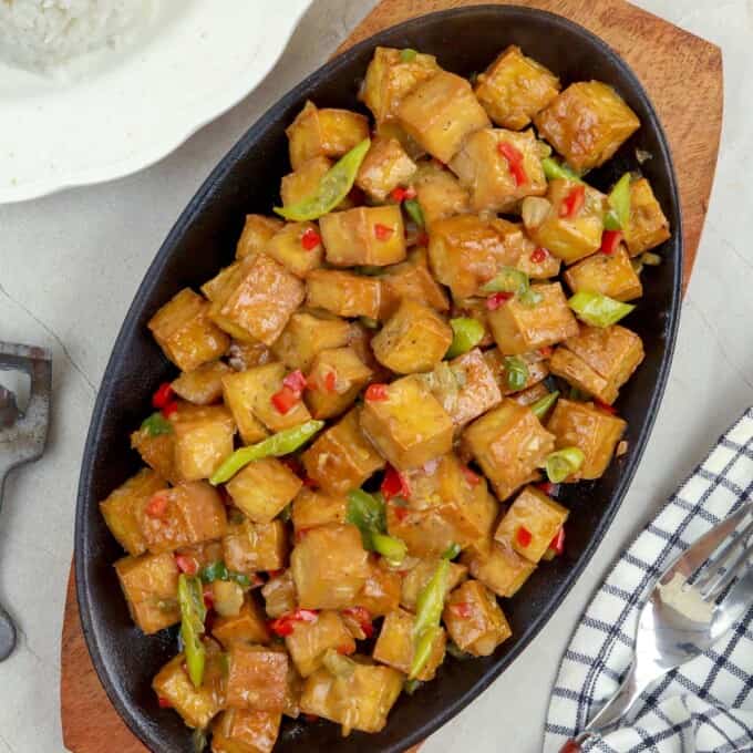 Sizzling Tofu on a hot metal plate