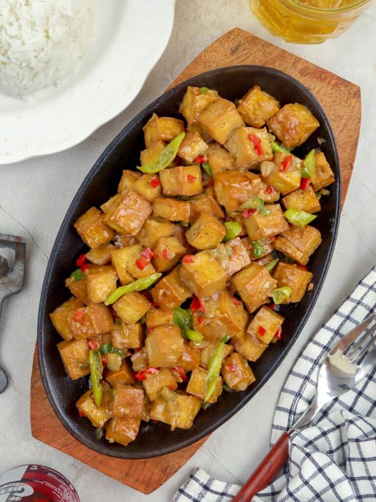 Sizzling Tofu on a hot metal plate