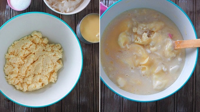 mixing cassava cake mixture in a bowl