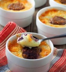 serving cassava ube cake with a spoon