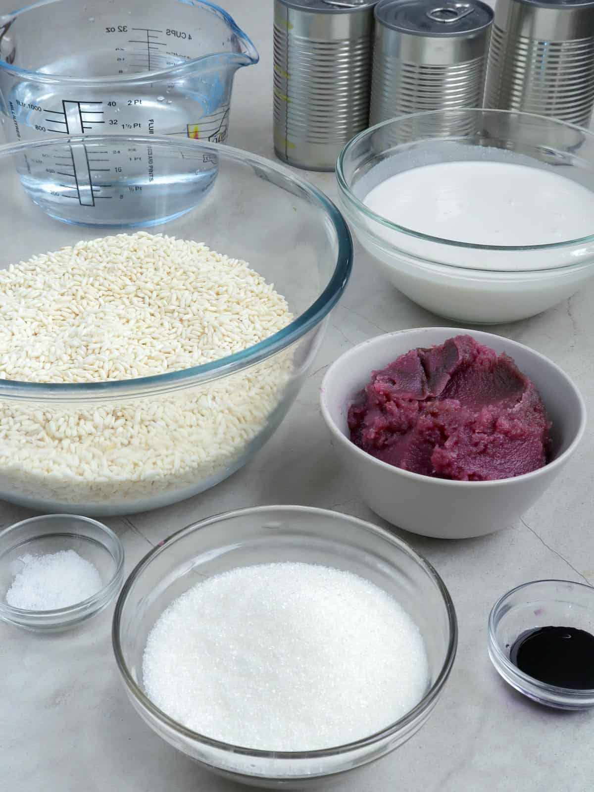 sticky rice, ube halaya, sugar, salt, coconut milk, water, ube extract
