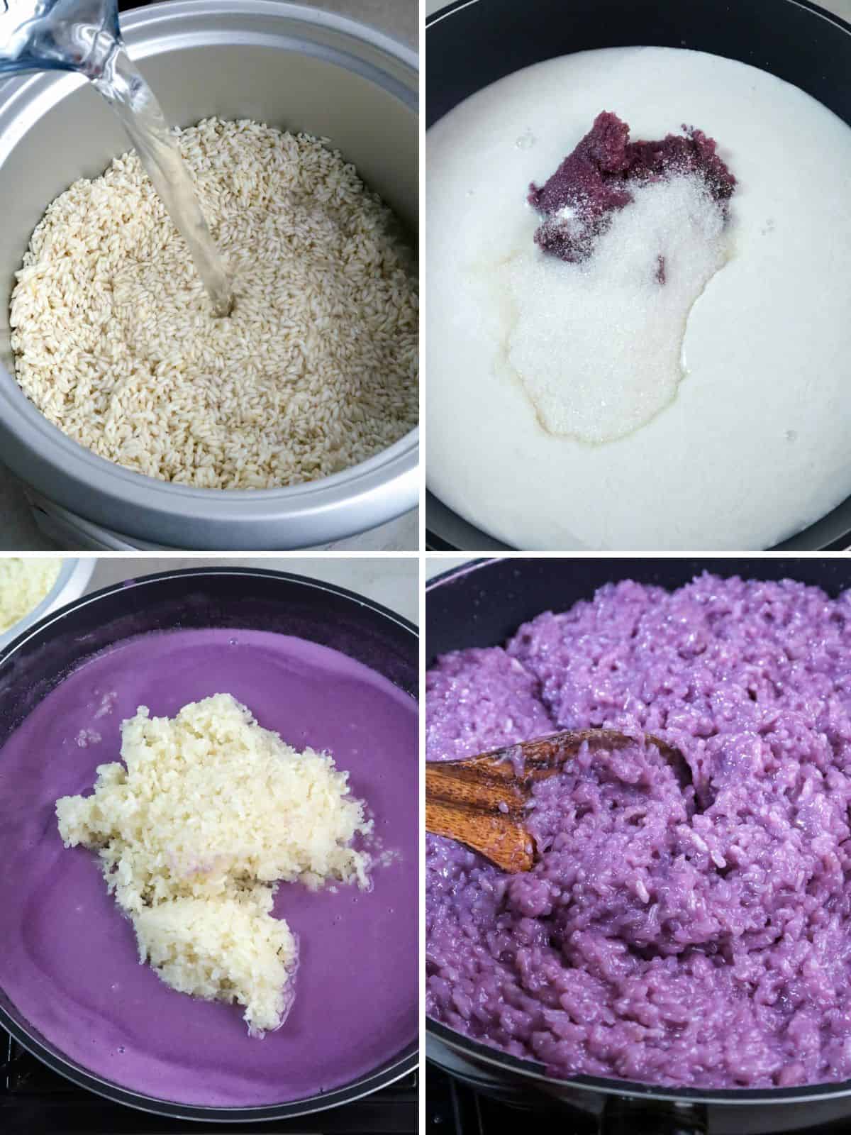 making biko with purple yam in a pan