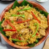 Arroz Valenciana in a wood bowl