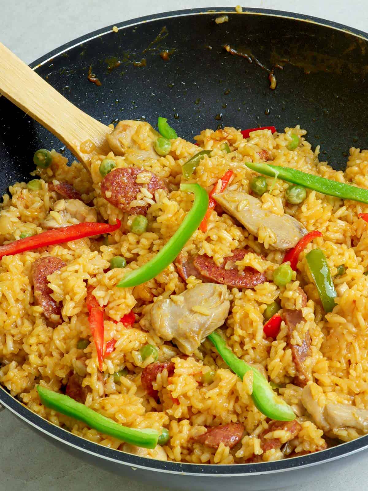 Arroz Valenciana cooked in a wide skillet
