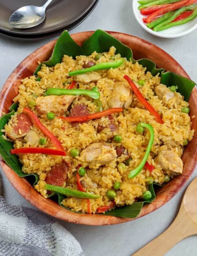 Arroz Valenciana in a wood bowl