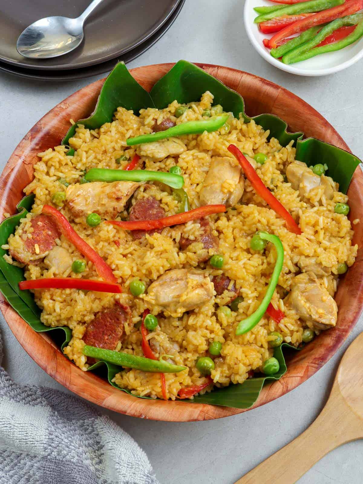 Arroz Valenciana in a wood bowl