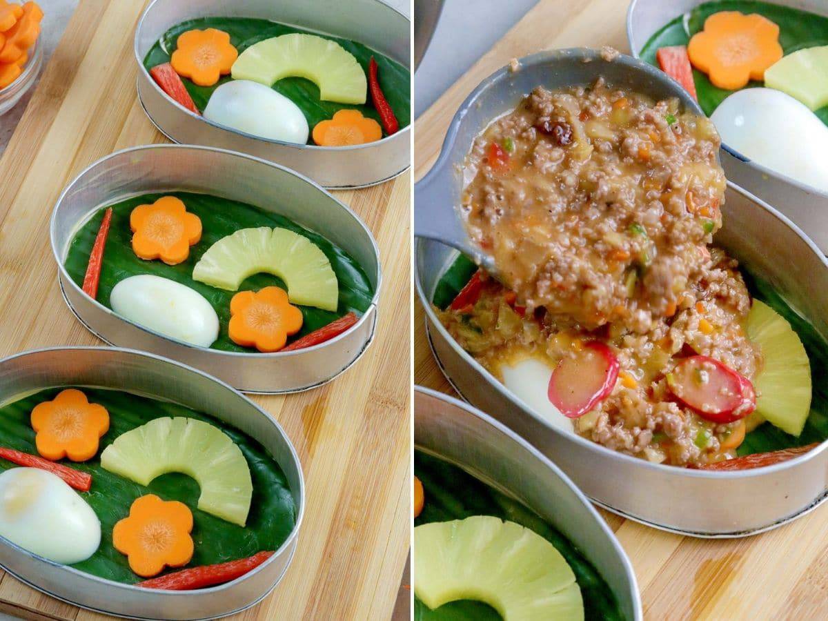 everlasting meat mixture and llaneras decorated with pineapple, eggs, bell pepper strips and carrot florets