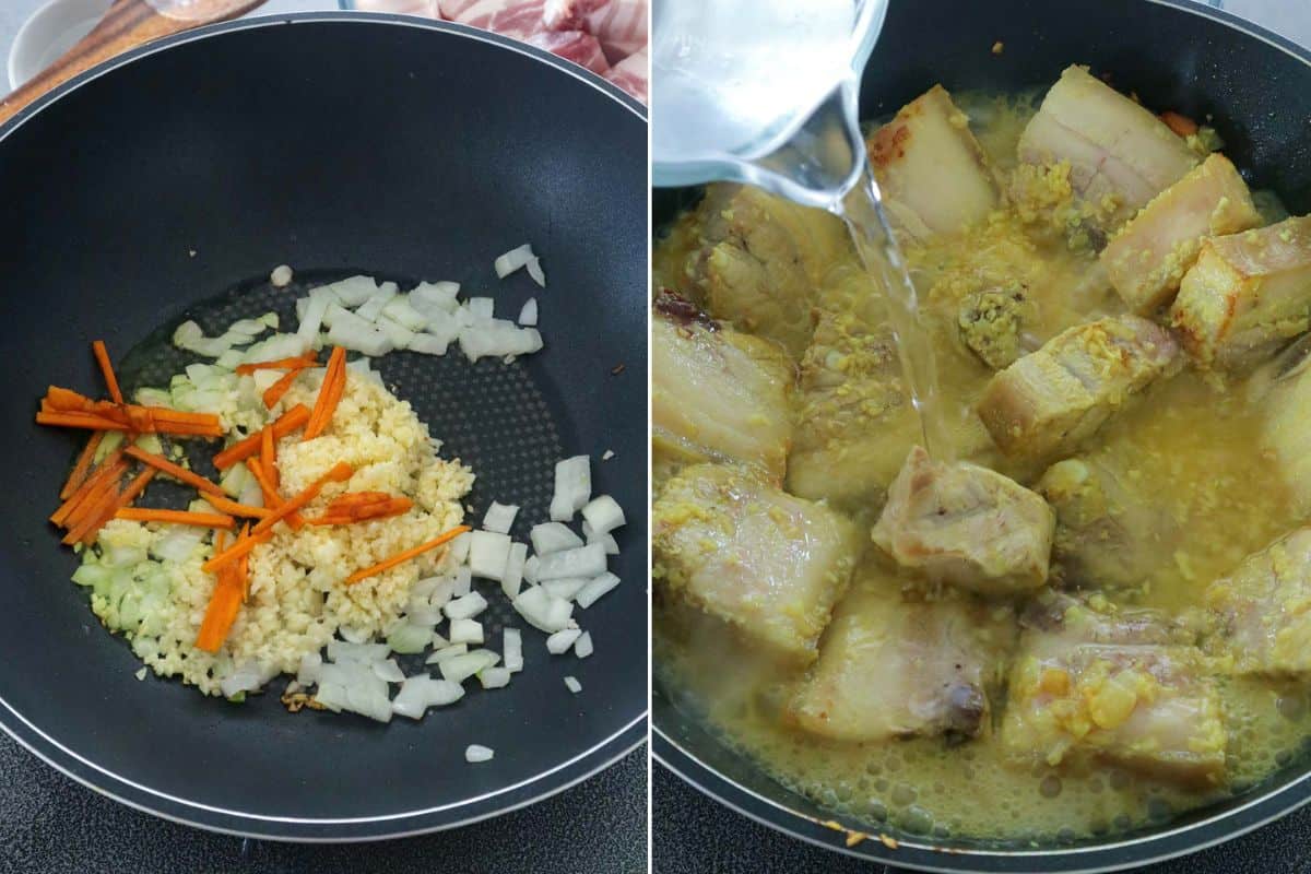 cooking adobong dilaw in a pan