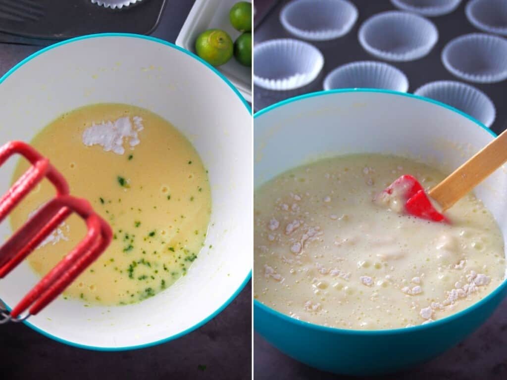 making calamansi crumb muffin batter in a blue mixing bowl