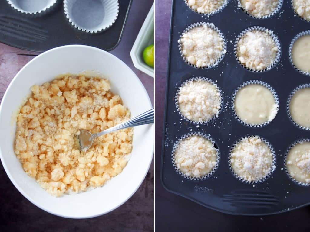 placing muffin batter in muffin tins with crumbs