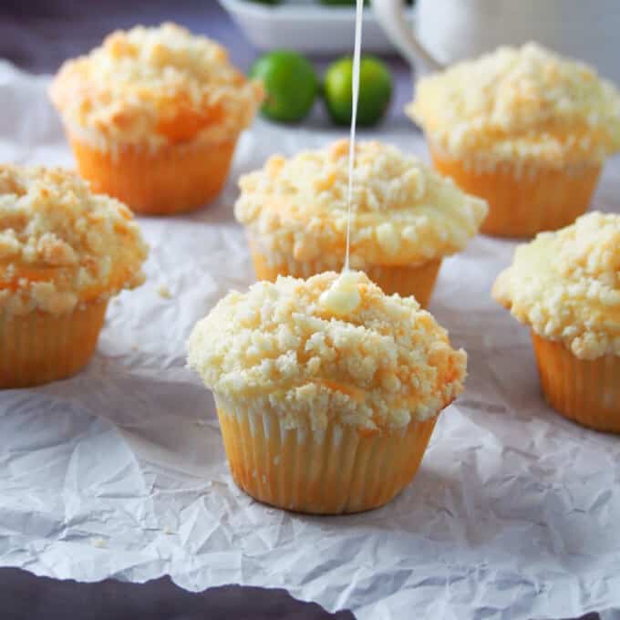 drizzling citrus glaze on calamansi muffins