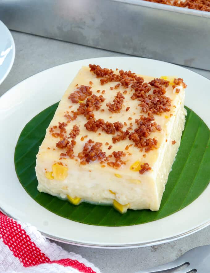 slice of espesyal maja blanca on a white serving plate